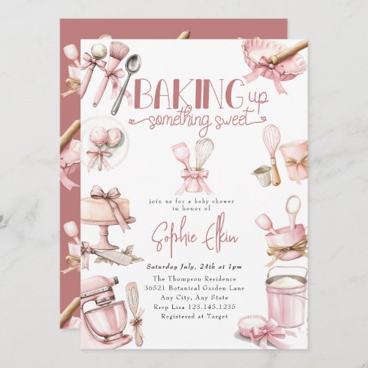 Süsse Pie | Wasserfarbe Pink Girl Babydusche Einladung (Vorne/Hinten)