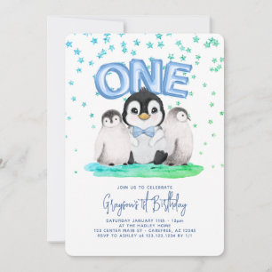 Süße Pinguin-Jungs 1. Geburtstag Einladung