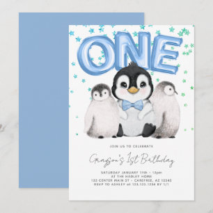 Süße Pinguin-Kinder erste 1. Geburtstag Einladung