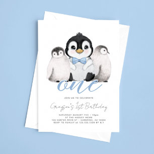Süße Pinguin-Kinder zum 1. Geburtstag Einladung