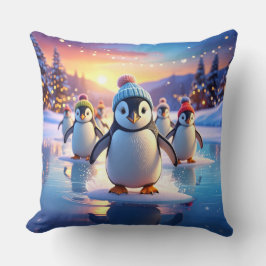 Süße Pinguine in Wintermützen auf gefrorenem Eis Kissen