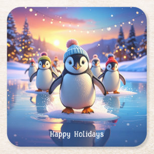 Süße Pinguine in Wintermützen Papieruntersetzer Rechteckiger Pappuntersetzer