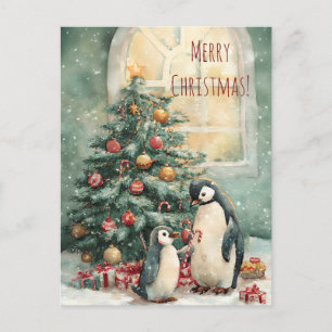Süße Pinguine schmücken den Weihnachtsbaum, Weihna Postkarte