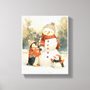 Süße Pinguine & Schneemann – Gemütliche Winter-Was Leinwanddruck