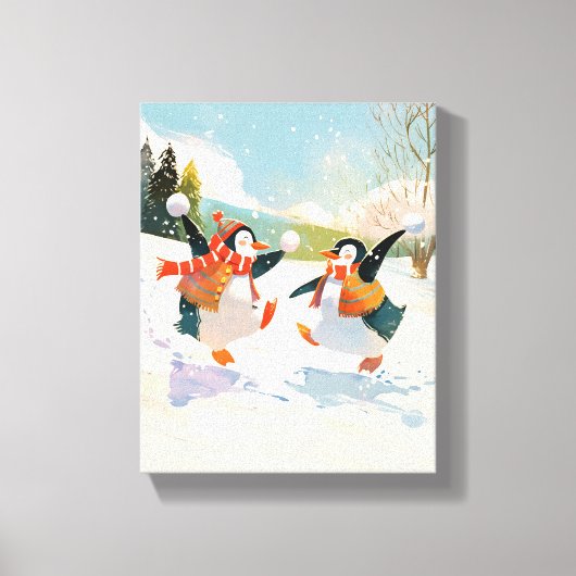 Süße Pinguine spielen im Schnee Aquarell-Kinderzim Leinwanddruck (Vorderseite)