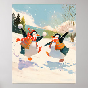 Süße Pinguine spielen im Schnee Aquarell-Kinderzim Poster