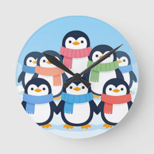 Süße Pinguine Winter-Schals Gruppenkuscheln Runde Wanduhr