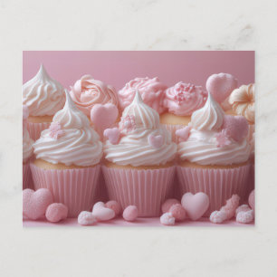 Süße pinke Cupcakes mit Herzen Valentinstag Postkarte