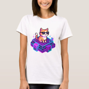 Süße Pixel-Art Coole Katze mit Sonnenbrille T-Shirt