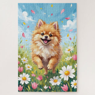 Süße Pomeranian-Frühlings-Gänseblümchen-Feld-Hund Puzzle