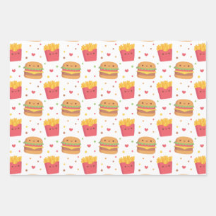 Süße Pommes und Burger Muster Geschenkpapier Set