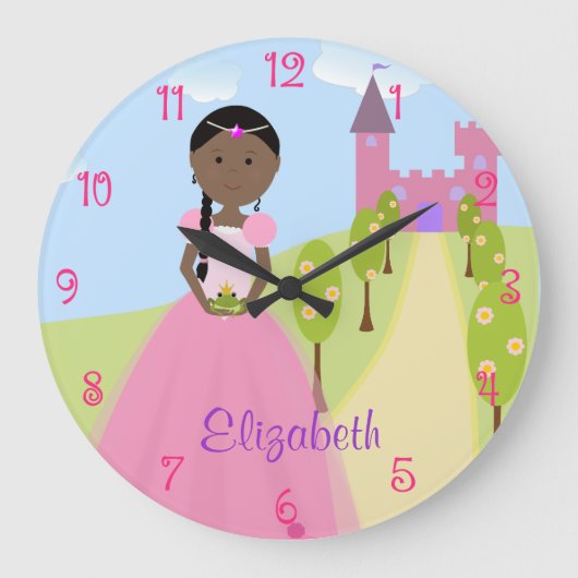 Süße Prinzessin With Black Braid Personalized Große Wanduhr (Vorderseite)