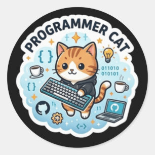 Süße Programmierer-Katze Coding Laptop-Aufkleber Runder Aufkleber