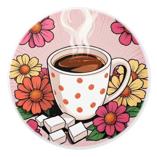 Süße Punkte-Kaffeetasse und Blumen Keramikknauf (Vorderseite)