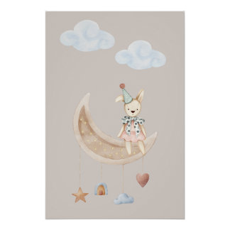 Süße Puppe auf Halbmond-Illustrationsposter Poster