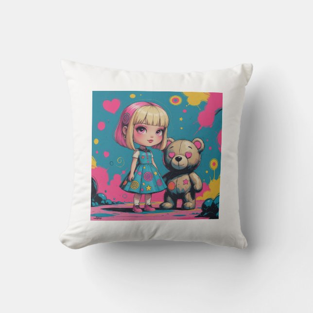 Süße Puppe mit Teddybär Kissen (Vorderseite)