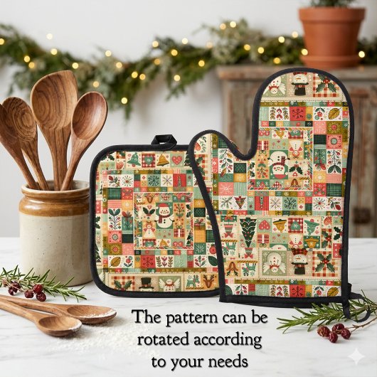 Süße Quilt-Patchwork-Weihnachten Ofenhandschuh & Topflappen-Set