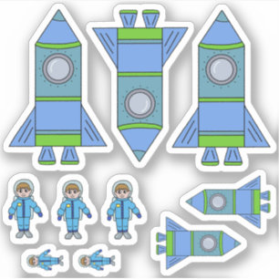 Süße Rakete Astronaut Blau Grün Zeichnung Kinder Aufkleber