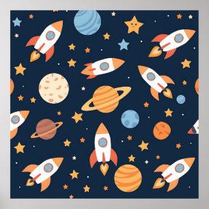 Süße Raketen Planeten Weltraum Muster Poster