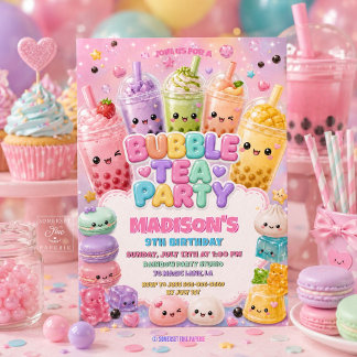 Süße Regenbogen-Bubble-Tea-Squishies-Geburtstagsfe Einladung