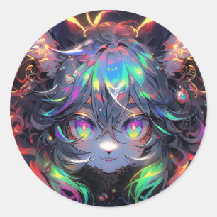 Süße Regenbogen-Catgirl-Furry-Anime Runder Aufkleber