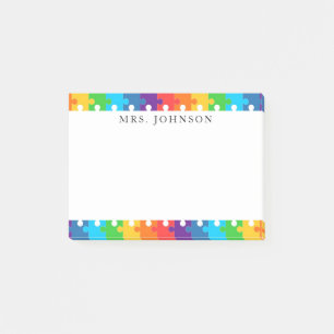 Süße Regenbogen-Puzzleteile-Lehrername Post-it Klebezettel