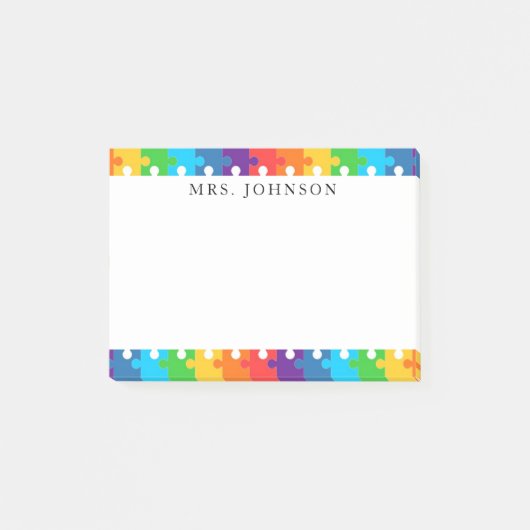 Süße Regenbogen-Puzzleteile-Lehrername Post-it Klebezettel (Vorderseite)