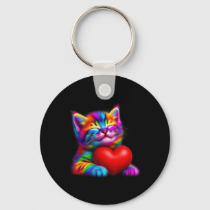 Süße Regenbogenkatze umarmt Valentinsherz Kitty Lo Schlüsselanhänger