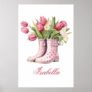 Süße Regenstiefel und Tulpen gerahmtes Poster