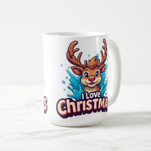 Süße Rentier-Maskottchen mit 'Ich liebe Weihnachte Kaffeetasse
