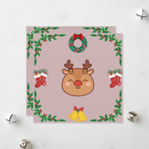 Süße Rentier-Weihnachtskarte – Rosa & Festlich Feiertagskarte