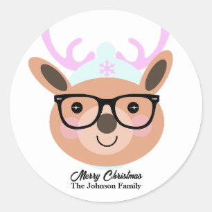 Süße-Rentiere-Weihnachtsfeier-Schal-Hut-Brille  Runder Aufkleber