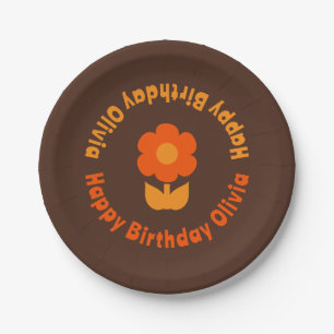 Süße Retro-70er-Blume Orange Braun Geburtstag Pappteller