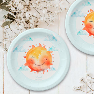 Süße Retro Blaue Boho Blumen Sonnenschein Babypart Pappteller