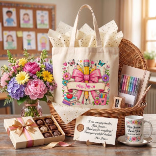 Süße Retro-Blumen Cartoon Bleistift Lehrer Rosa Tragetasche