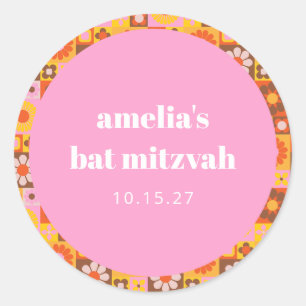 Süße Retro-Blumen Pink Orange Bat Mitzvah individu Runder Aufkleber