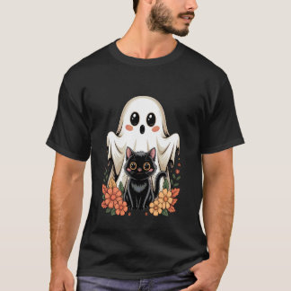 Süße Retro-Geister-Schwarze Katze Floral Halloween T-Shirt