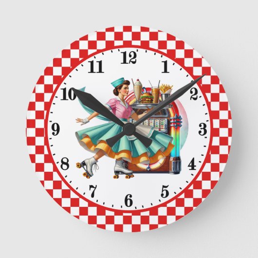 Süße Retro-Jukebox-Server Runde Wanduhr (Vorderseite)