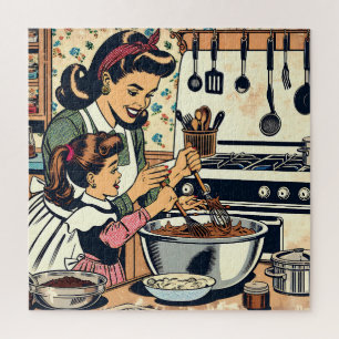 Süße Retro-Mutter und Tochter backen zusammen Puzzle