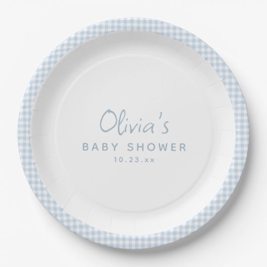 Süße Retro-Preppy-Hellblaue-Gingham-Baby-Party Pappteller (Vorderseite)