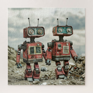 Süße Retro-Roboter in Liebe Händchen haltend Puzzle