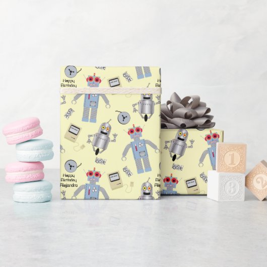 Süße Retro-Roboter und Computer mit individueller Geschenkpapier (Babyparty)