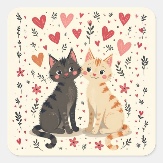 Süße Retro-Valentinskatzen Quadratischer Aufkleber (Vorderseite)
