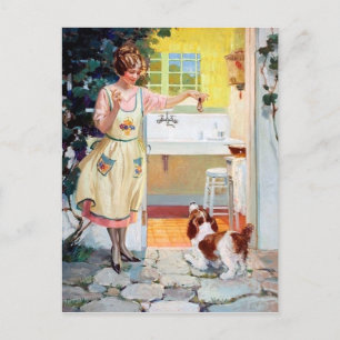 Süße retro-vintage Dame füttert den Hund Postkarte
