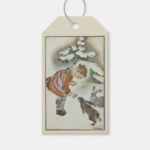 Süße Retro-Vintage-Hasen in Winterlandschaft Geschenkanhänger
