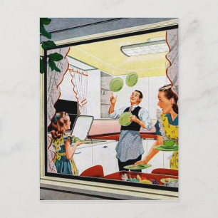 Süße retro-vintage Küchen-Familien-Postkarte Feiertagspostkarte