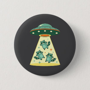 Süße Retro-Waschbär-UFO-Entführung-Schiff-Cartoon Button
