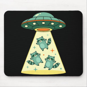 Süße Retro-Waschbär-UFO-Entführung-Schiff-Cartoon Mousepad
