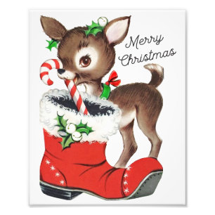 Süße Retro-Weihnachtshirsche und Santa-Stiefel-Wan Fotodruck