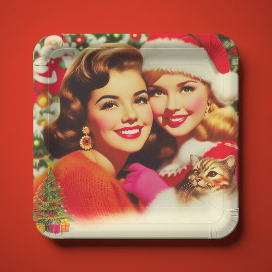 Süße Retro-Weihnachtsmädchen Pappteller